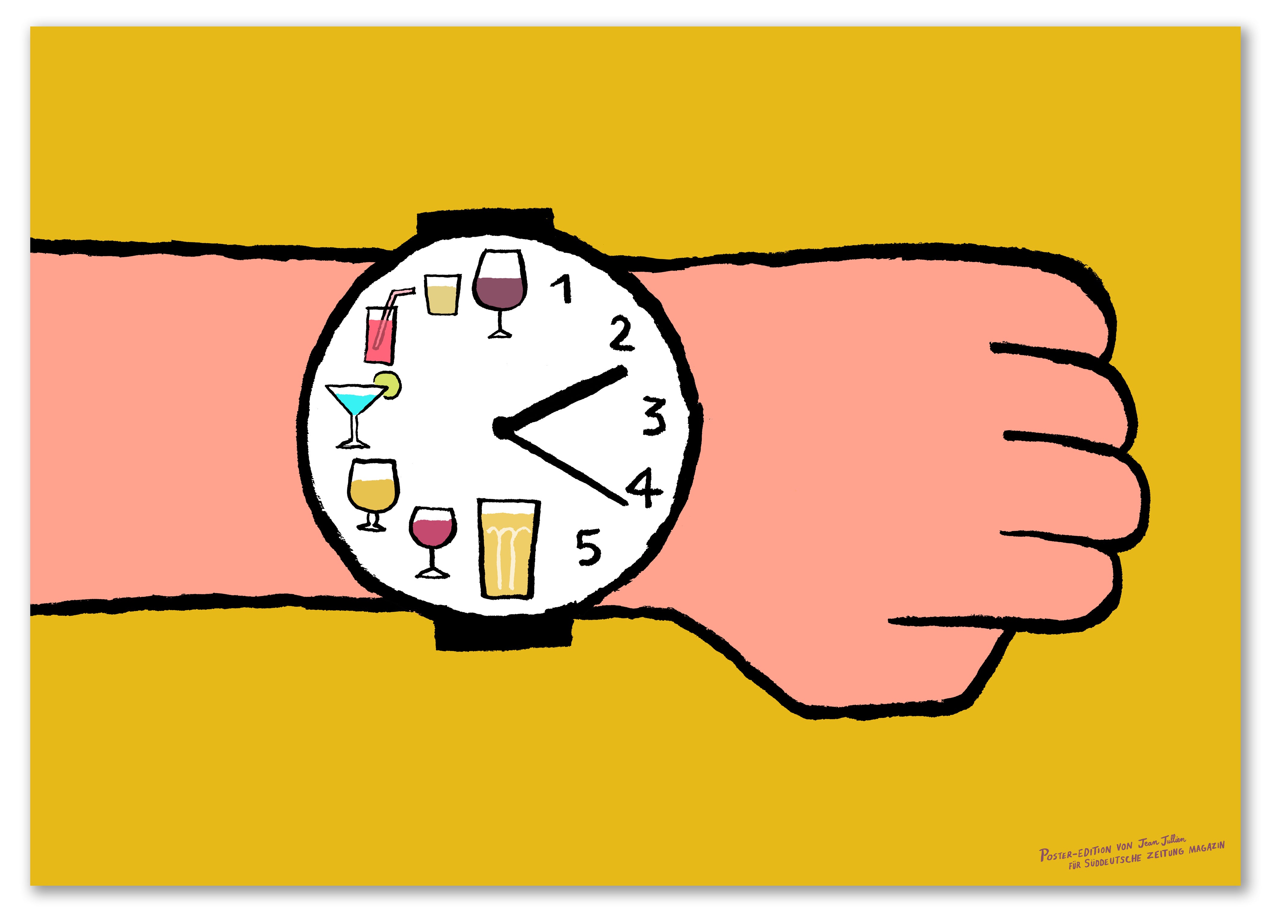 Karikatur einer Armbanduhr, die 5 Uhr anzeigt, mit Getränken anstelle von Zahlen auf dem Zifferblatt.