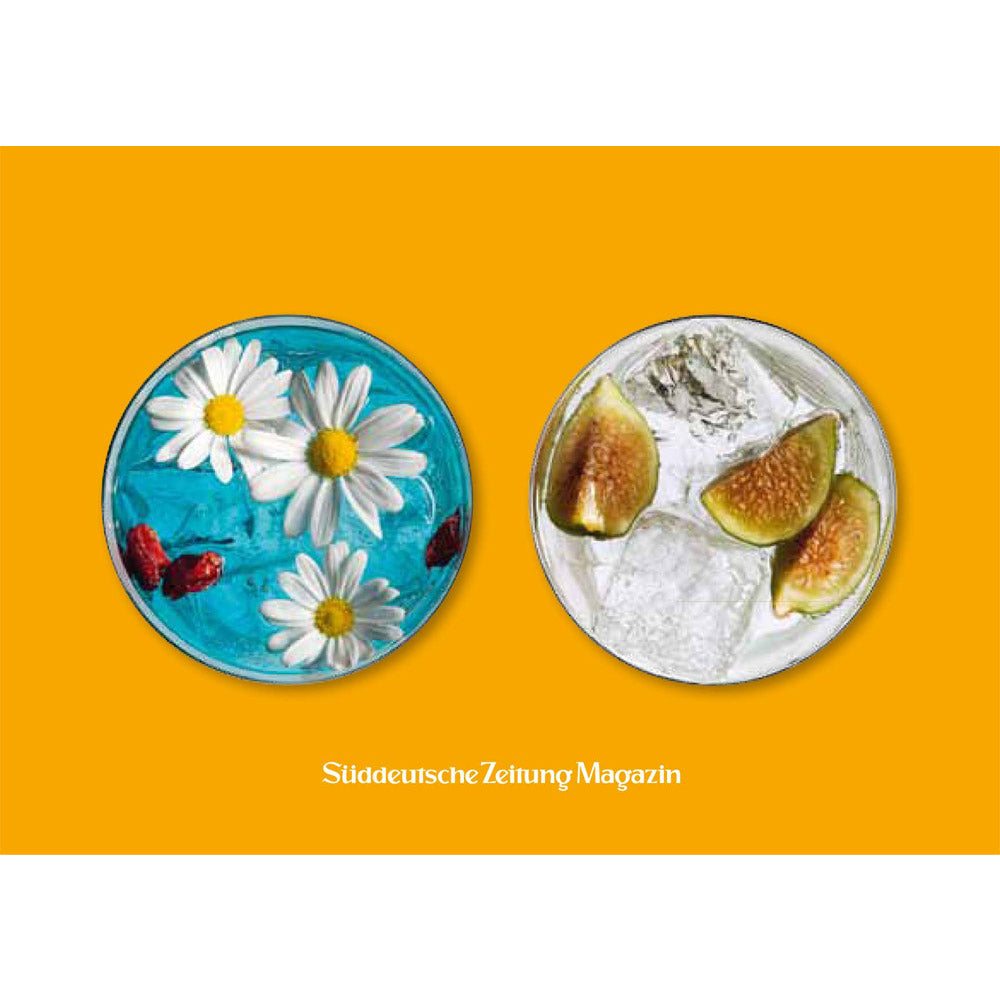 Zwei runde Getränke, eines mit Gänseblümchen und Blütenblättern, das andere mit Eis und Feigenscheiben, auf orangefarbenem Hintergrund.