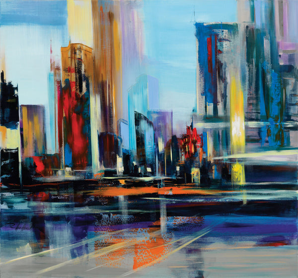 Farbenfrohes, abstraktes Stadtbildgemälde mit verschwommenen hohen Gebäuden, hellem Himmel und lebhaften Spiegelungen auf dem Boden.