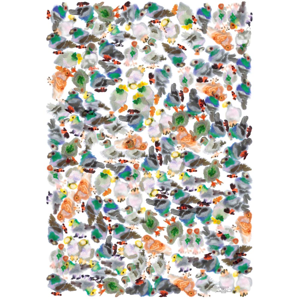 Abstrakte Kunst mit bunten, verstreuten Pinselstrichen in Orange, Grün, Schwarz und Grau auf weißem Hintergrund.