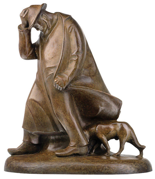 Bronzestatue eines Mannes, der seinen Hut lüftet und mit einem Hund an seiner Seite geht.