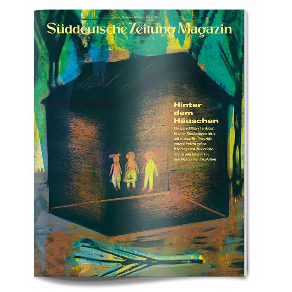 Titelseite des Süddeutsche Zeitung Magazins mit einer farbenfrohen Illustration dreier Puppen in einem dunklen, hausähnlichen Gebilde.