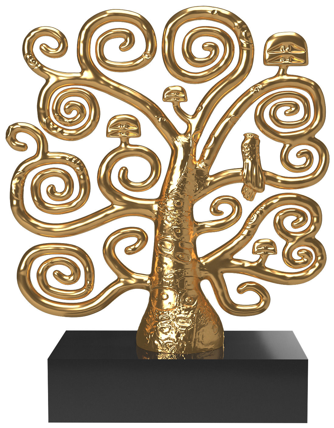 Eine goldene, spiralförmige Baumskulptur auf einem schwarzen rechteckigen Sockel.
