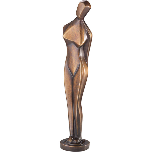 Abstrakte Bronzeskulptur einer stehenden weiblichen Figur auf rundem Sockel mit glatten, geometrischen Merkmalen.
