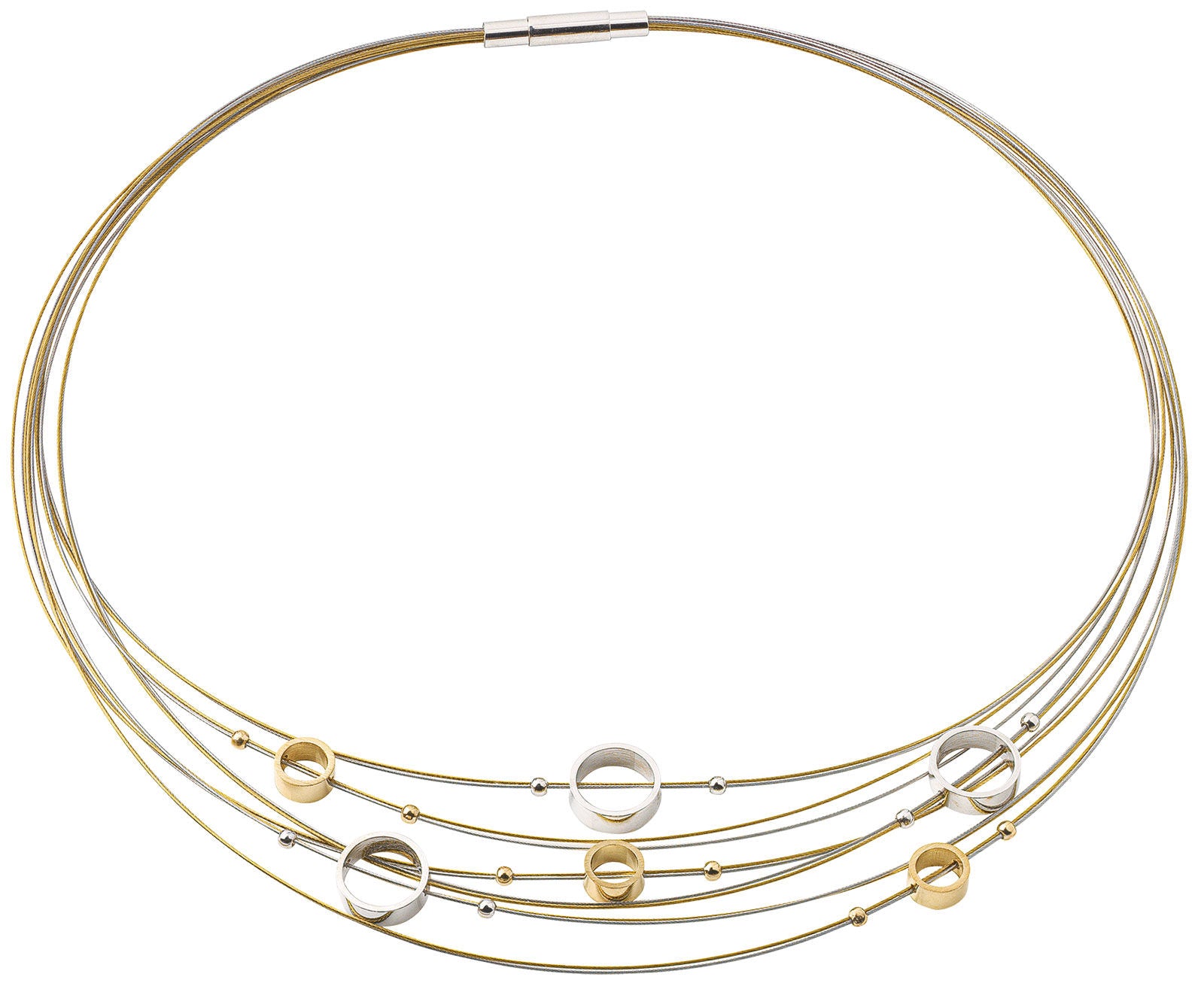 Mehradrige Halskette aus Gold und Silber mit kleinen runden Metallakzenten und geometrischen Kreisanhängern.