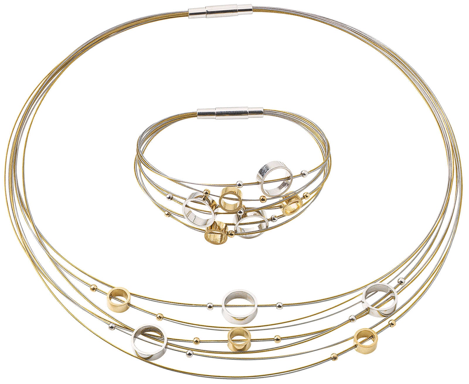 Halskette aus Gold- und Silberdraht und passendes Armband mit kreisförmigen und kugelförmigen Akzenten.