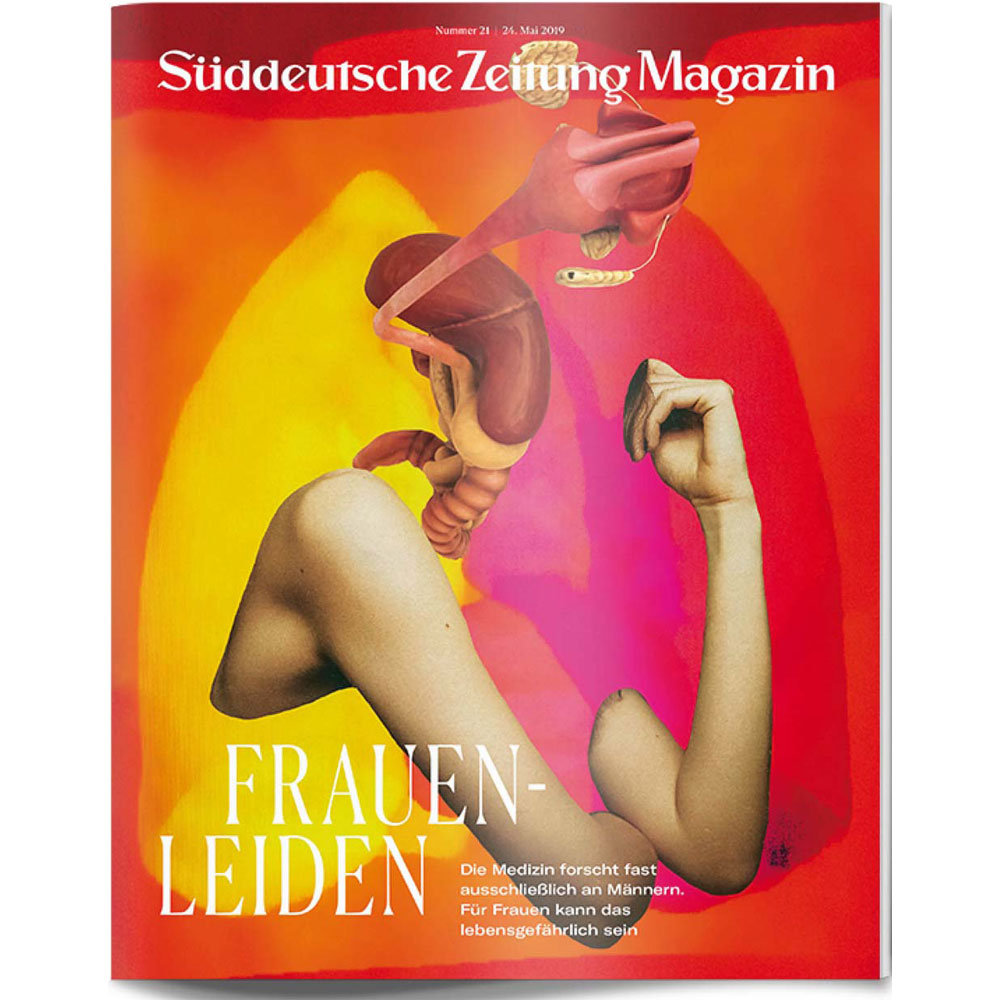 Zeitschriftenumschlag mit einer Collage aus Arm, Oberkörper und Geschlechtsorganen einer Frau auf rotem Hintergrund.