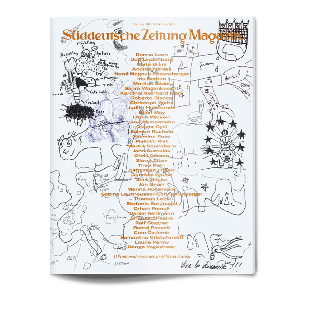 Ein Magazinumschlag mit handgezeichneten Kritzeleien, Skizzen und einer Liste von Namen in orangefarbener Schrift.