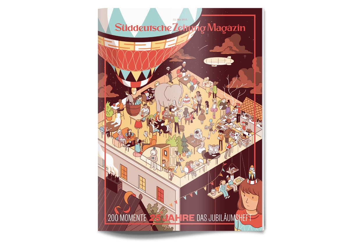 Illustrierte Titelseite eines Magazins mit einer Dachterrassenparty, einem Heißluftballon, einem Elefanten und verschiedenen feiernden Menschen.