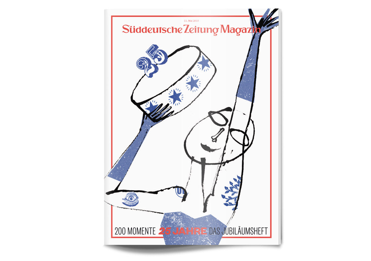 Illustration einer Person mit einer Torte mit 25 Kerzen auf der Titelseite des Süddeutsche Zeitung Magazins.