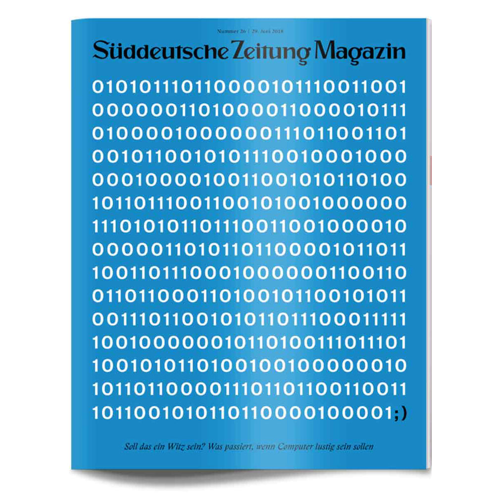 Blaues Magazin-Cover mit binärem Code und einem augenzwinkernden Emoticon; oben das Süddeutsche Zeitung Magazin.