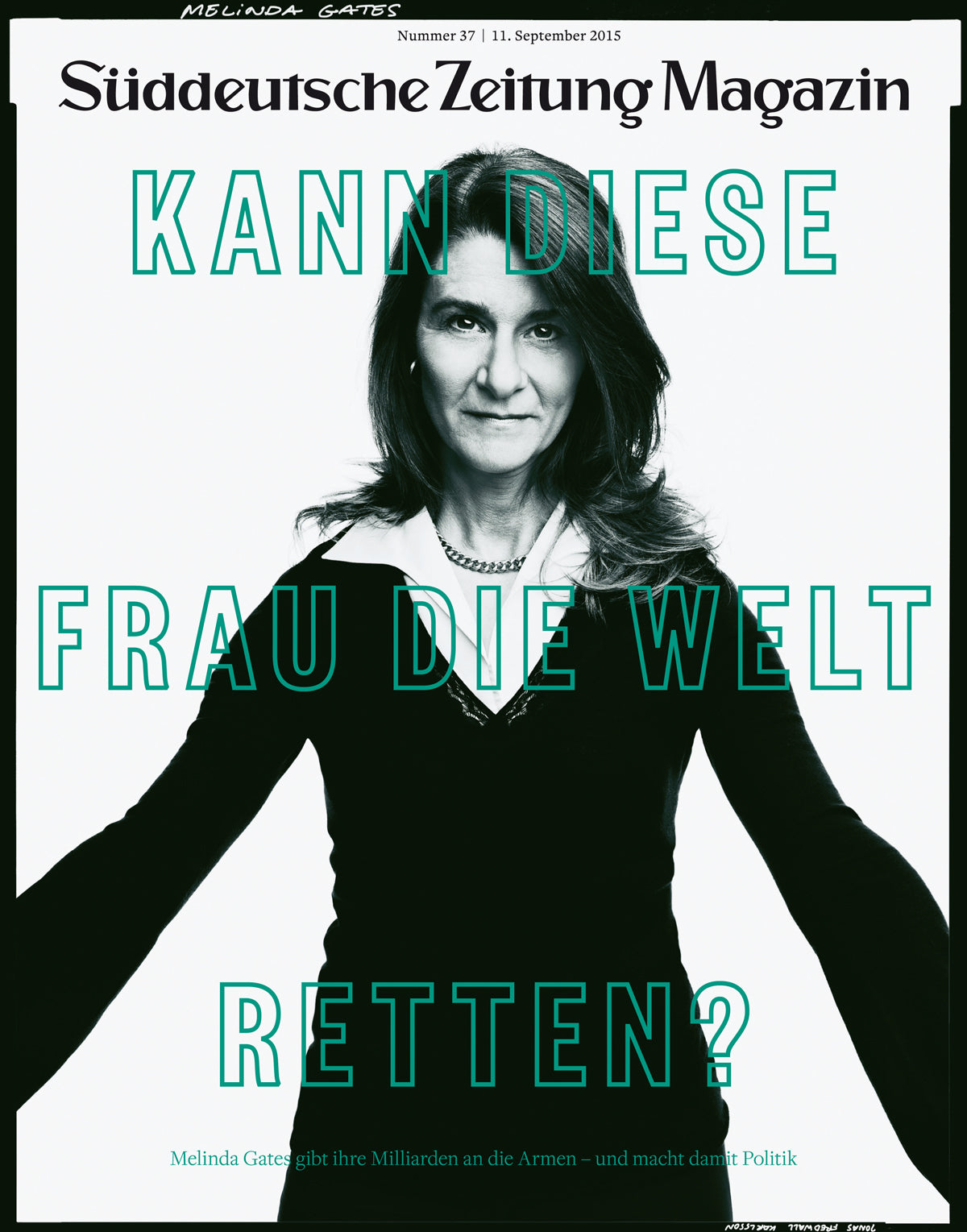 Schwarz-weißes Magazin-Cover mit Melinda Gates und dem Text: Kann diese Frau die Welt retten?.
