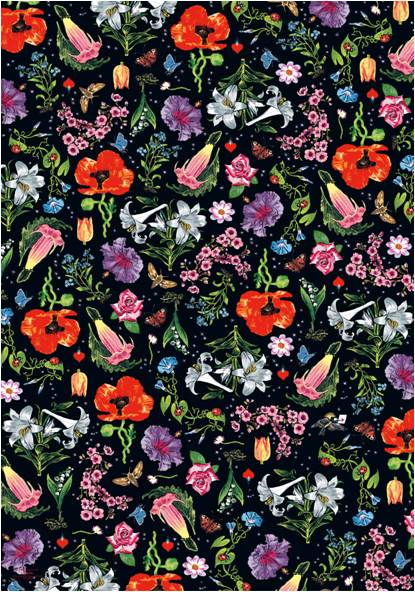 Bunte Blumen und grüne Blätter auf dunklem Hintergrund ergeben ein lebendiges, detailliertes Blumenmuster.