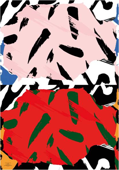 Abstrakte Kunst mit rosa und roten Formen über schwarzen, weißen und grünen Pinselstrichmustern auf einem bunten Hintergrund.