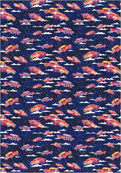 Bunte Autos fahren zwischen Wolken und Sternen in einem dunkelblauen Nachthimmel und bilden ein sich nahtlos wiederholendes Muster.