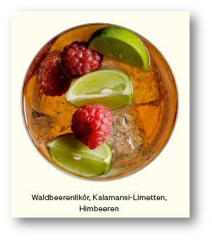 Ein Cocktail mit Eis, Limettenspalten und Himbeeren, von oben gesehen.