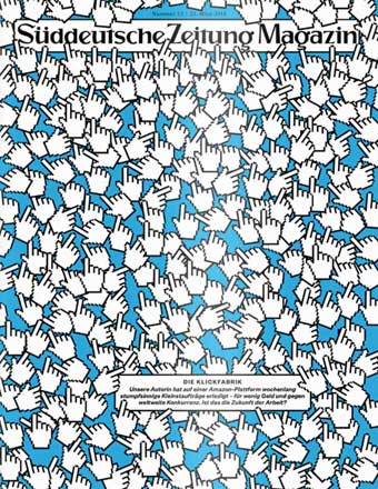 Umschlag mit vielen Computer-Handcursoren auf blauem Hintergrund und dem Titel Süddeutsche Zeitung Magazin oben.