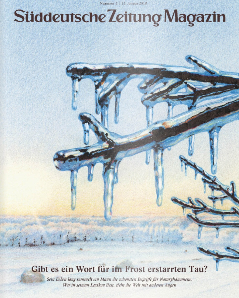 Schneebedeckte Äste mit Eiszapfen, unter blauem Himmel. Titelbild des Süddeutsche Zeitung Magazins.