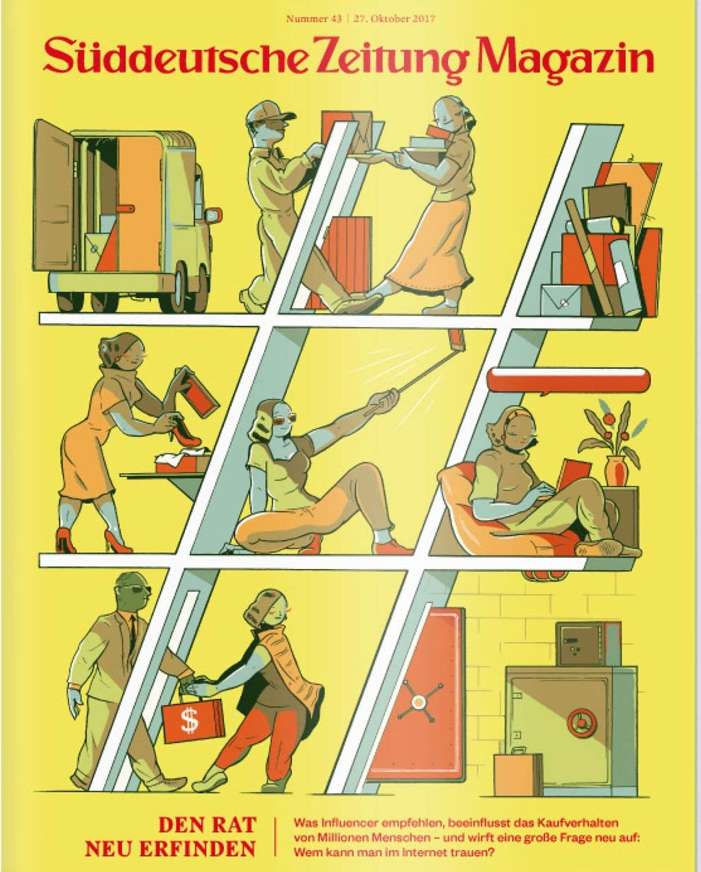 Illustration von Menschen, die einkaufen, arbeiten und Lebensmittel in einem Gebäude mit gelbem Hintergrund ausliefern.