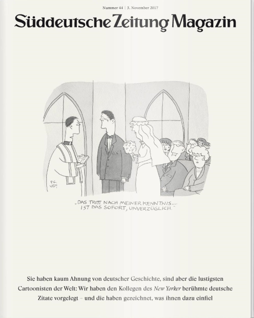 Cartoon einer Hochzeit, bei der der Bräutigam zögert; die Gäste und der Zeremonienmeister sehen zu, wie er seine Unsicherheit zum Ausdruck bringt.