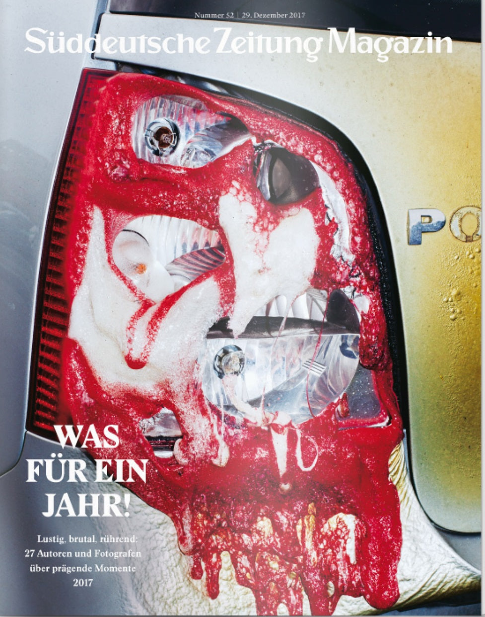 Ein mit rot-weißem Schmelzwachs überzogenes Auto-Rücklicht, abgebildet auf dem Cover einer Zeitschrift.