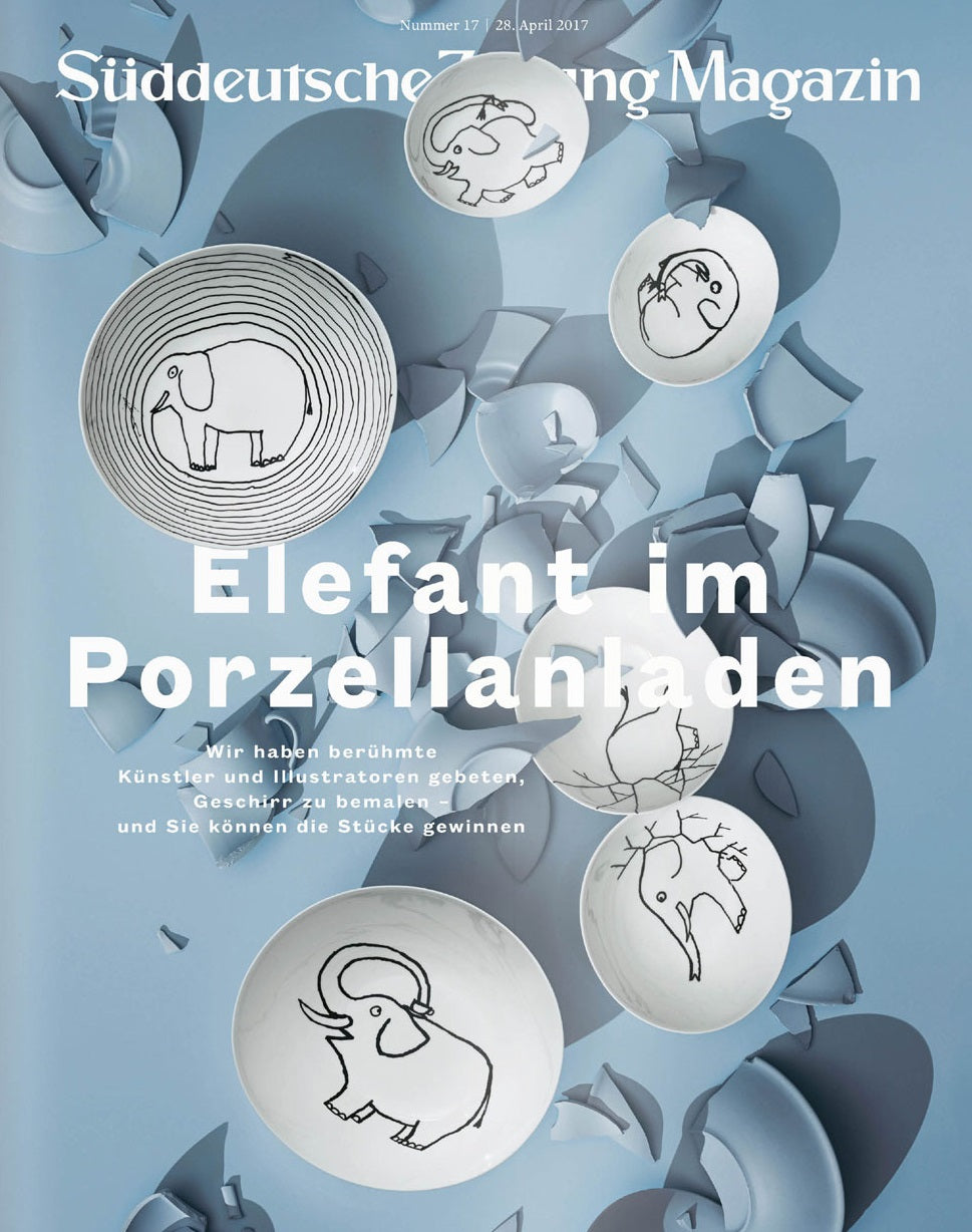 Schalen mit Cartoon-Elefanten inmitten von zerbrochenem Porzellan auf blauem Hintergrund, deutscher Text über dem Bild.