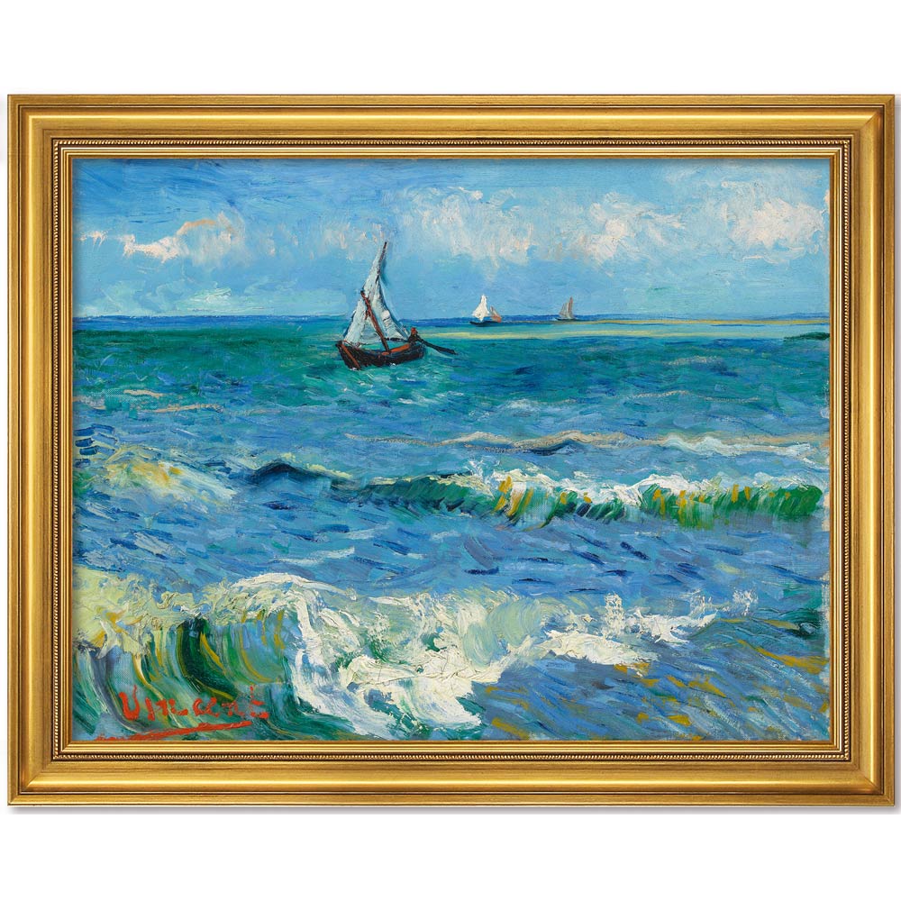 Ein gerahmtes Gemälde von Segelbooten auf einem leuchtend blaugrünen Ozean mit Wellen und einem teilweise bewölkten Himmel.