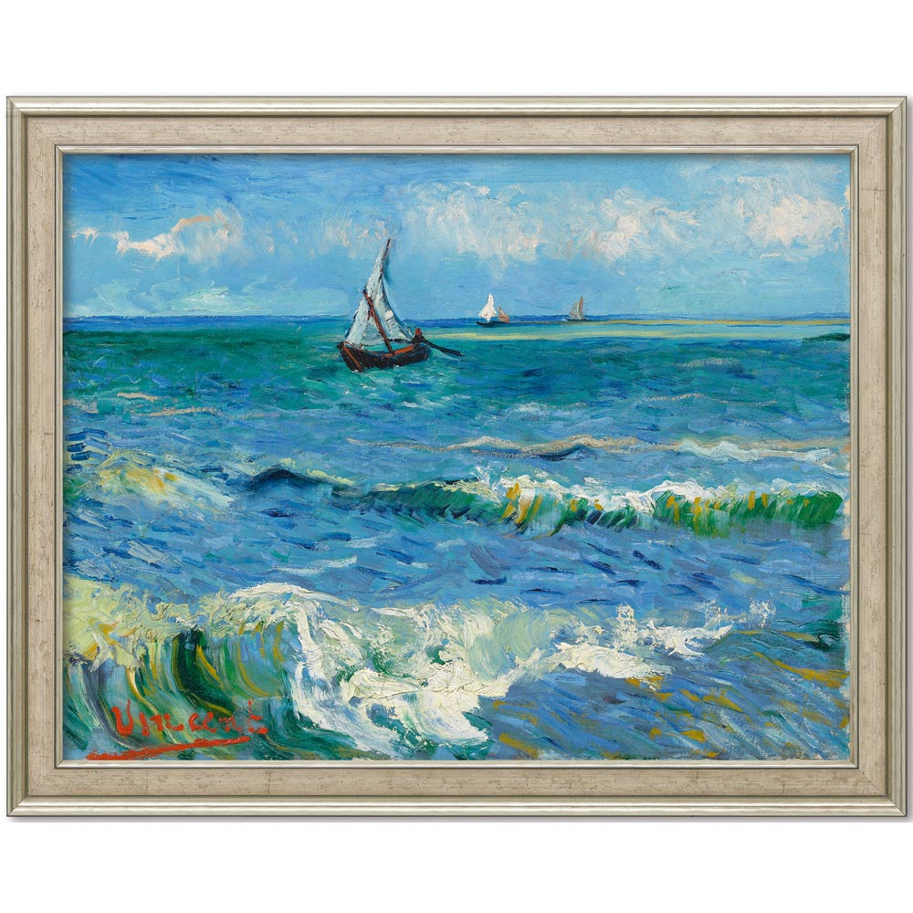 Ein Segelboot auf kabbeligen blauen Wellen unter einem bewölkten Himmel, gemalt im impressionistischen Stil.