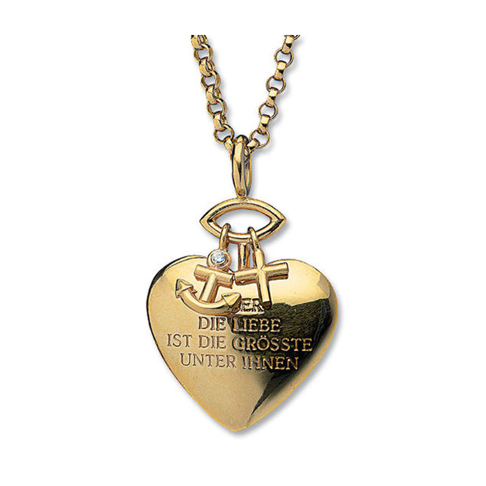 Halskette mit Herzanhänger aus Gold mit Anker und Kreuz, beschriftet mit deutschem Text: DIE LIEBE IST DIE GRÖSSTE UNTER IHNEN.