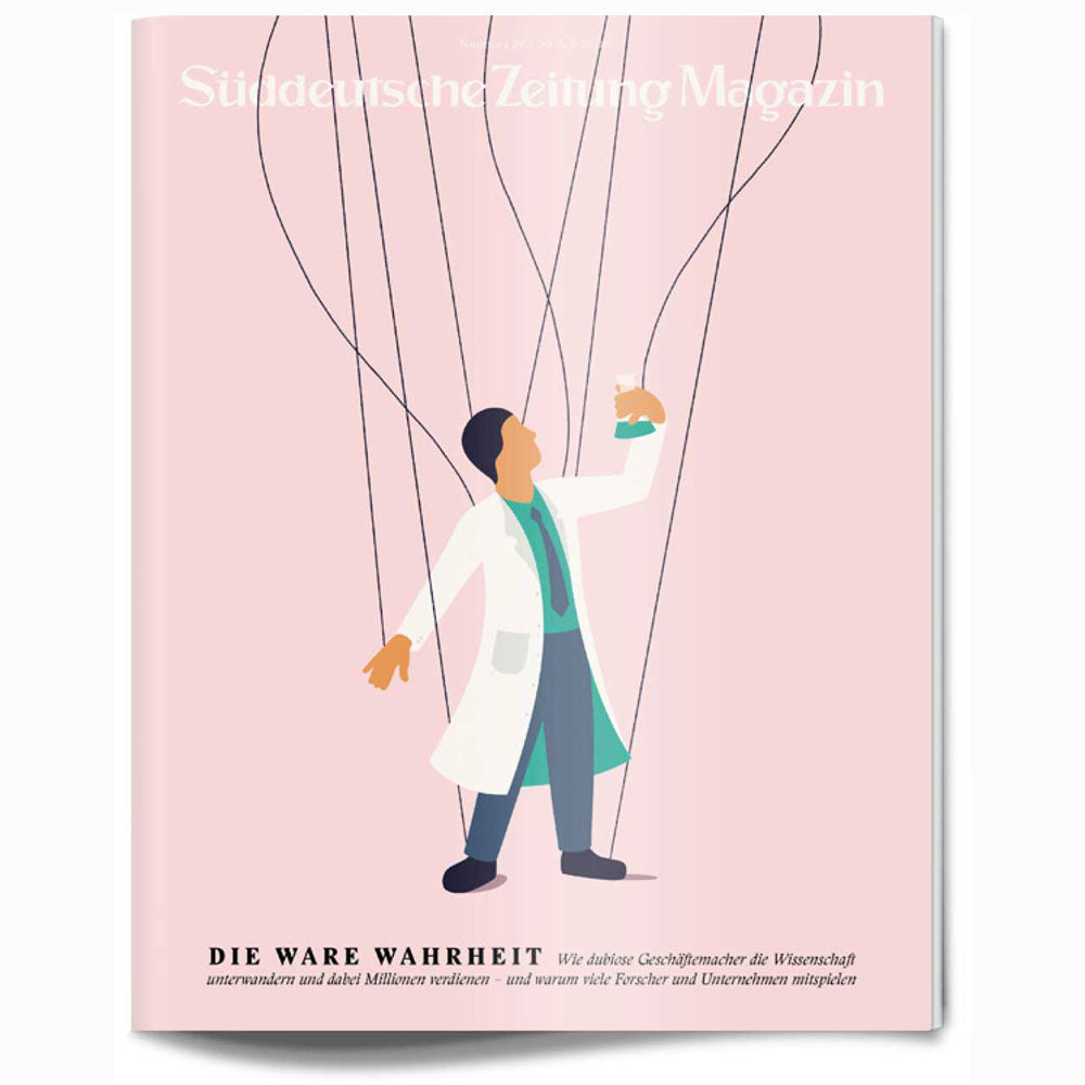 Illustration eines Wissenschaftlers im Laborkittel, der einen Kolben hält, der von oben auf einem rosa Hintergrund in Fäden verwickelt ist.