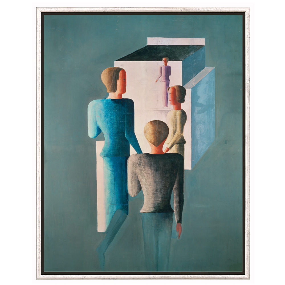 Abstraktes Gemälde von vier gesichtslosen Figuren mit geometrischen Formen und kühlen Farben auf einem grünlich-blauen Hintergrund.