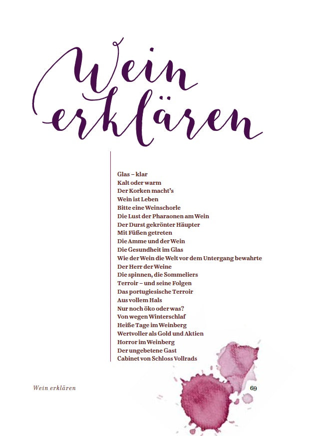 Ein stilisiertes deutsches Gedicht über Wein mit violetten Weinflecken in Aquarellfarbe am unteren Rand.