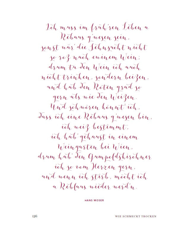 Handgeschriebener deutscher Text in roter Tinte zentriert auf einer weißen Seite, mit kleinem schwarzen Text unten.