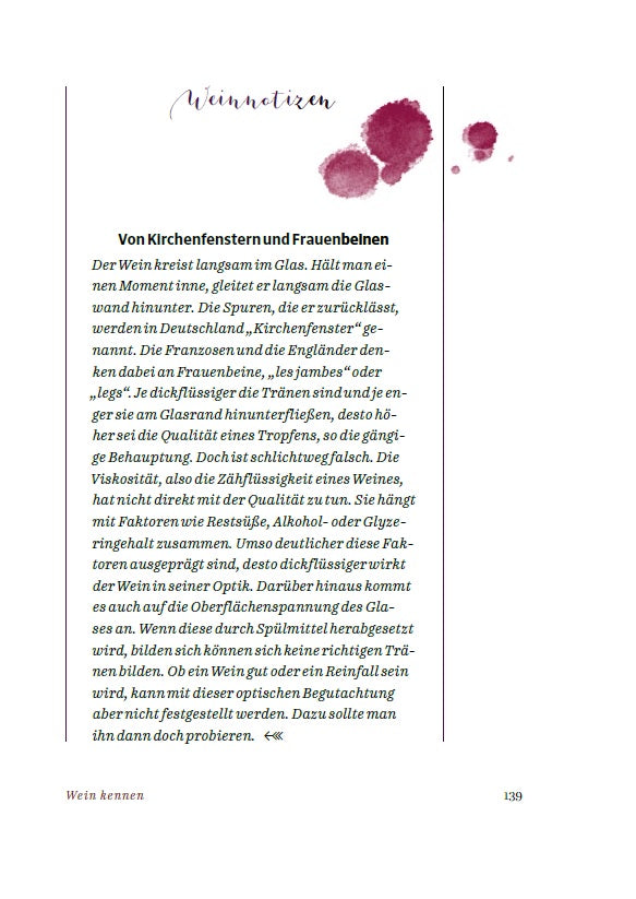 Eine Seite mit deutschem Text mit dem Titel „Weinnotizen“ und roten Weinflecken oben auf der Seite.
